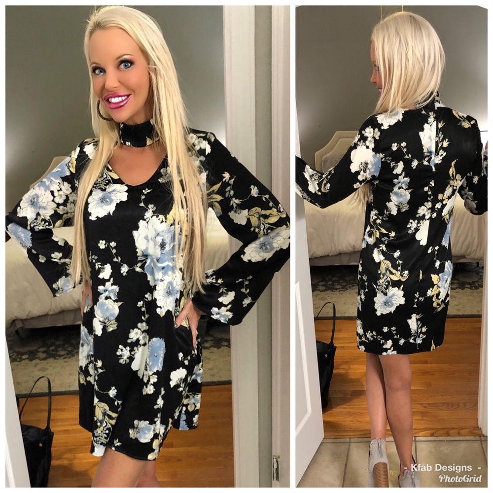 LAST! Black and Blue Silky Floral Choker Bell Sleeve Dress! - Picture 2 of 5